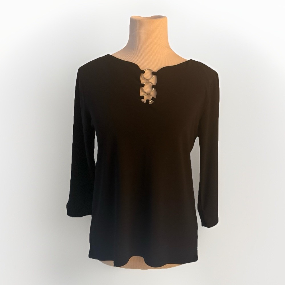NY Collection Petite 3/4 Sleeve Knit Studded Keyhole‎ Top SZ  Petite Medium